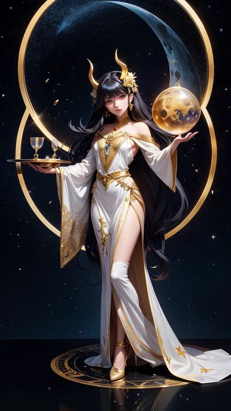 The picture showcases a whimsical and enchanting scene featuring a character with long black hair adorned with golden horns and flowers, standing inside a Turkish chai glass. The glass, which appears to be filled with a galaxy-like substance, sits on a mat...