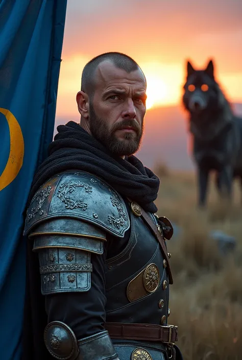 Create a bust photo of a beardless medieval warrior, with blue banners saying SUN, a fierce giant black wolf and the sunrise