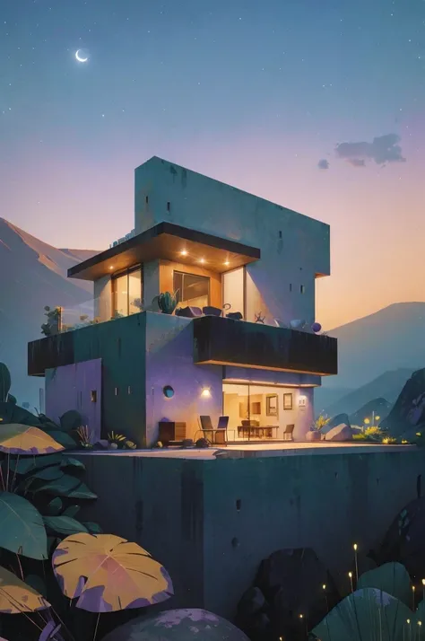 small and beautiful modern house in top of big boulders, terraces, pool, stairs, multiple cacti gardens, palms, trees, rocks, beautiful landscape design, mountains and volcano y background, amazing clouds, sun, moon, planets, milky way galaxy, concrete, wo...