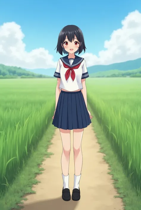 Standing on a footpath in the Japanese countryside、High school girl、Black Short Hair、Navy short sleeve sailor uniform、skirt,Bright red eyes、barefoot、Cool smile、Full body portrait,Black Loafers,White socks,Morning sky,Boyish,tall,early morning