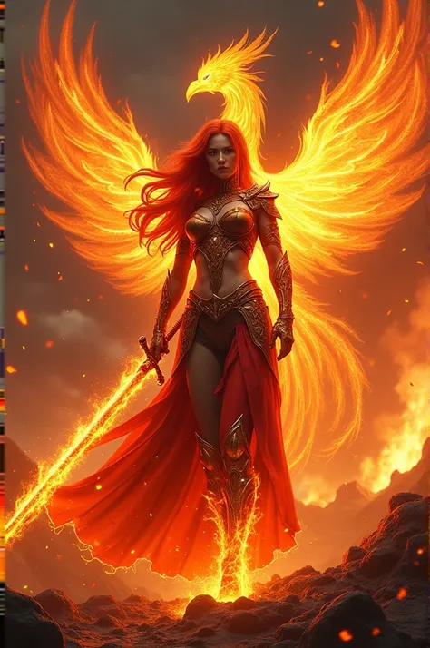 A fierce woman with fiery red hair, wielding a sword engulfed in flames. Her armor resembles molten lava, glowing with heat, and she stands in a volcanic battlefield. Her eyes burn with intensity as the flames around her swirl, forming the shape of a phoen...