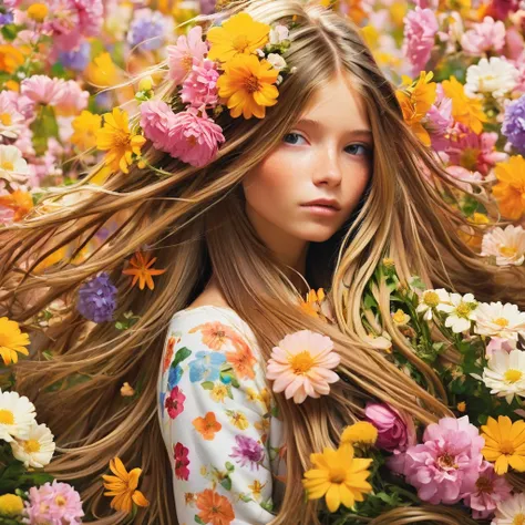 

One girl, Long Hair,Covered in flowers 