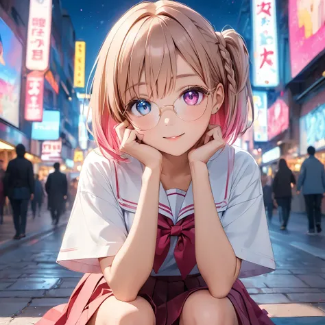 Yuki Asuna, a beautiful teenage girl with a milk tea beige angled short bob hairstyle, one side up with a partial braid, heterochromia with one eye vivid pink and the other a distinctly different color, eyes with an intense sparkling effect, mesmerizing an...