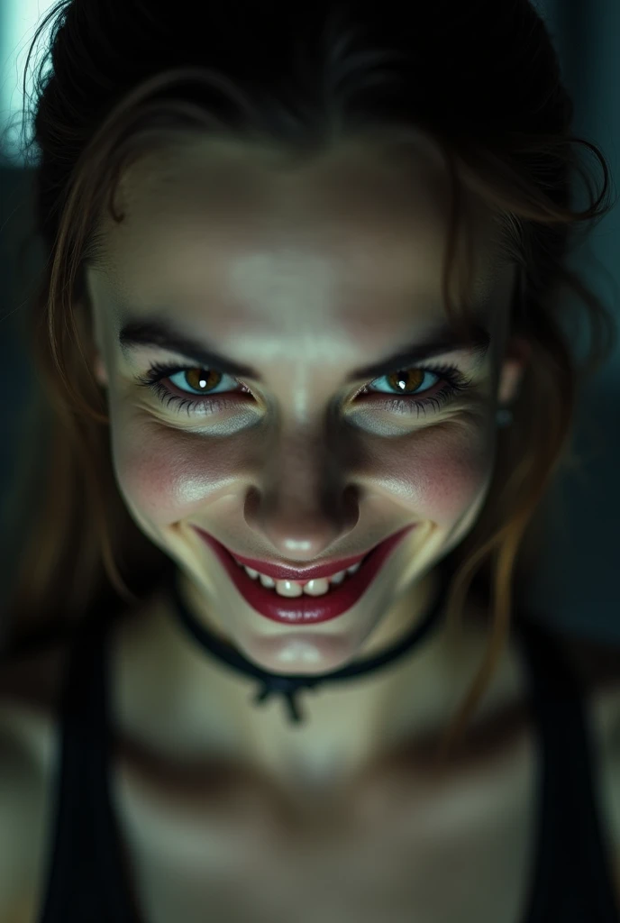 Close up of a young woman with an evil grin 