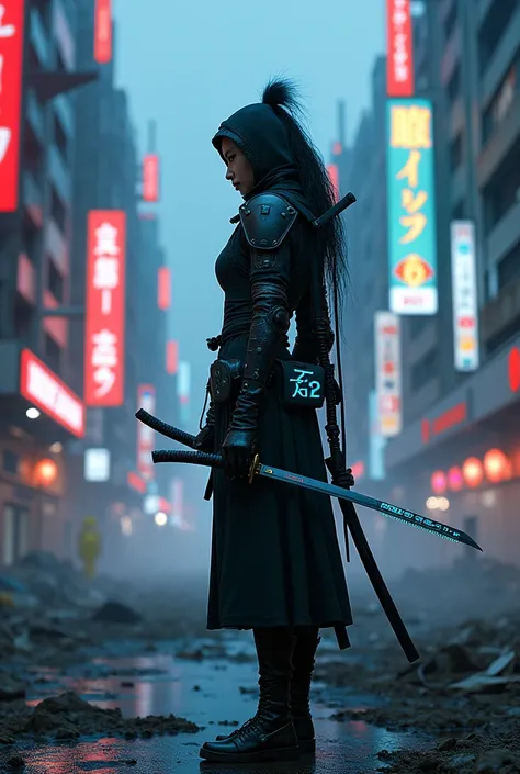 A cyberpunk samurai cyborg stands amidst the neon-lit ruins of a futuristic Tokyo. Clad in a sleek, black suit of armor, she wields a katana that hums with energy. Her cybernetic enhancements glow an eerie blue as she surveys the desolate cityscape. cyberp...