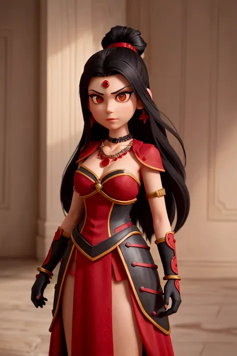 a claymotion image of a woman stands tall, her long black hair tied up with vibrant red ribbons, as she wears intricately detailed black and red armor adorned with metal accents. A necklace, earrings, bracelets, and arm guards add to the ensembles complexi...