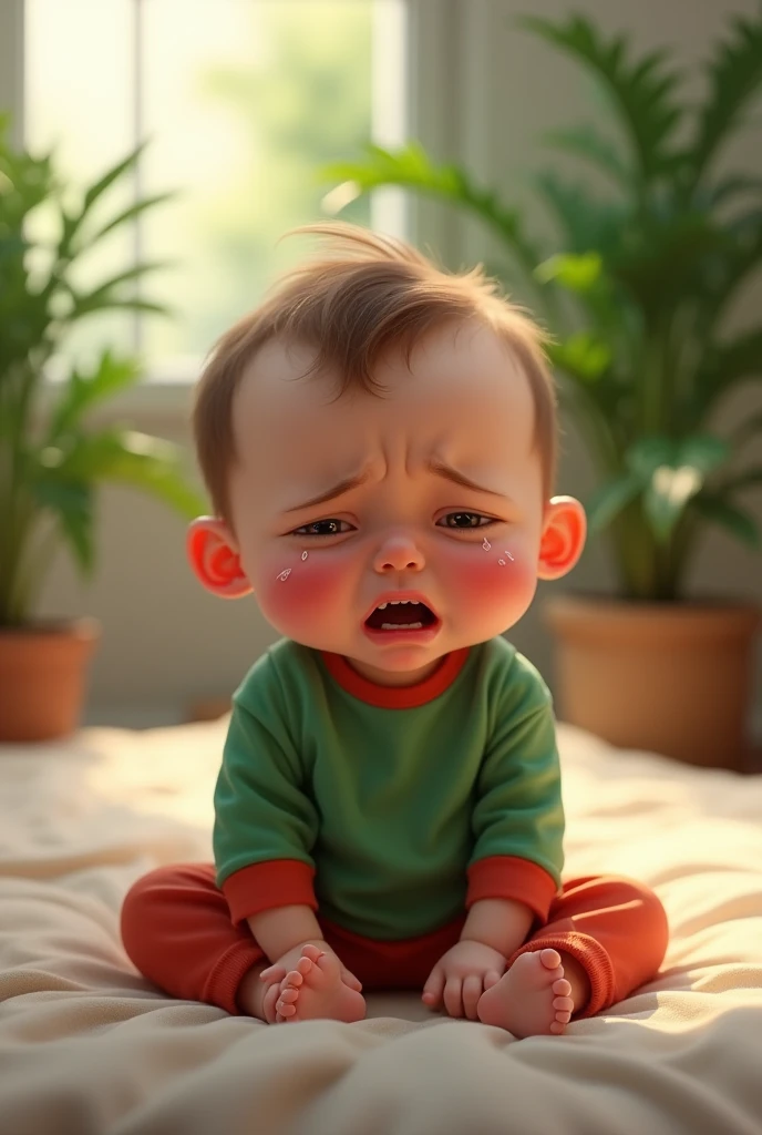 A baby wear a green shirt and red pajama.Sitting on bed and crying.backgroung seen plants.