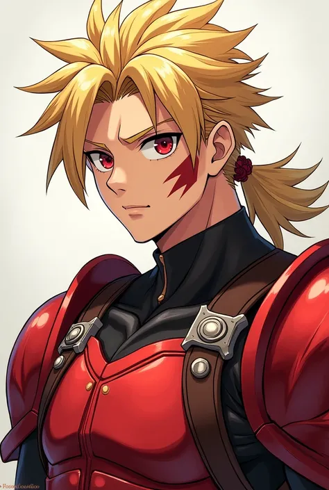 Boy with blond mullet, red eyes, good physique, reddish armor, scar on the cheek. Anime style.