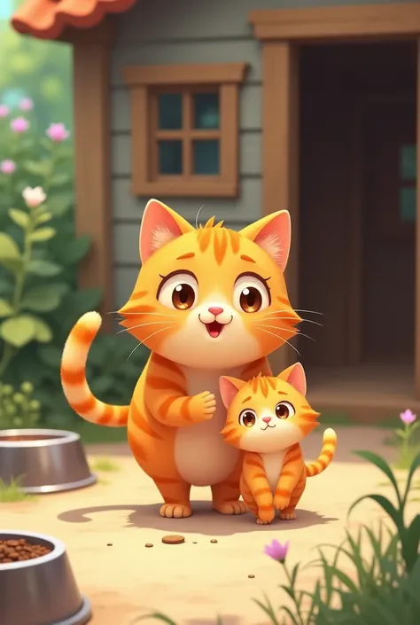 The big orange cat happily bringing the baby orange cat home, with a cozy house and food bowls ready."