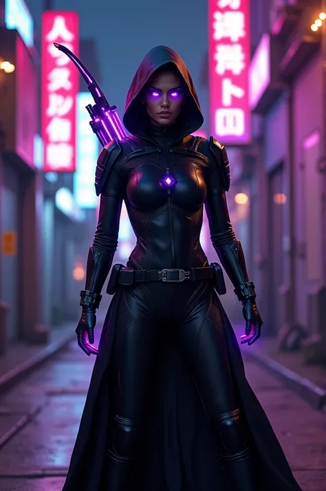 A sleek, stealthy superhero dressed in a black tactical suit with dark purple accents. She has a glowing bow made of energy, standing in a futuristic city’s alleyway at night. Her eyes glow a faint purple as she blends into the shadows, her posture ready t...