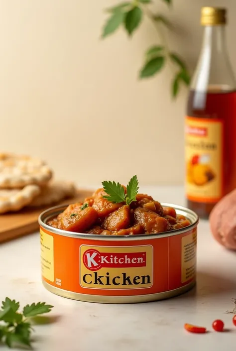 K.kitchen Chicken adobo in a tin can ( put a logo) the logo is K.kitchen chicken adobo comercial