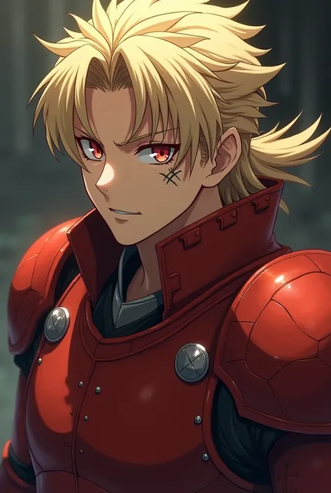 Boy with short blond mullet, red eyes, good physique, reddish armor, scar on the cheek like a scratch, Anime style.