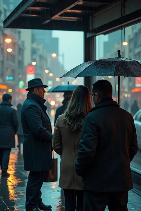 On a dark and rainy winter afternoon in Valparaíso Chile, in the heart of the city, at a bus stop, there are several people, men and women, standing waiting for the bus, all well dressed, some with umbrellas, steam coming out of their breaths when they bre...