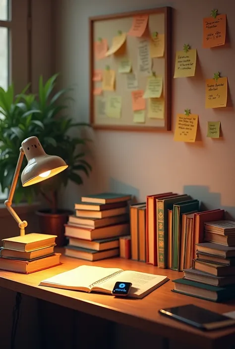 Image of study table with books and digital watch on table and sticky notes on wall indian