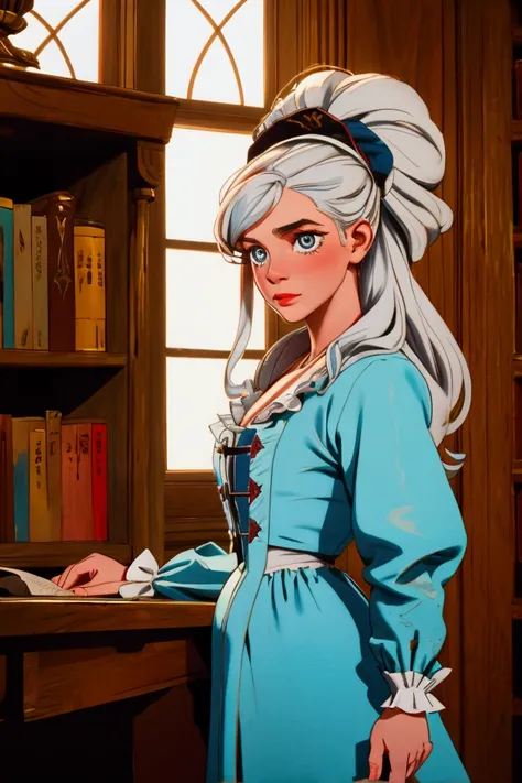 Marie Anne Lavoisier wearing 18th century clothing in a library 