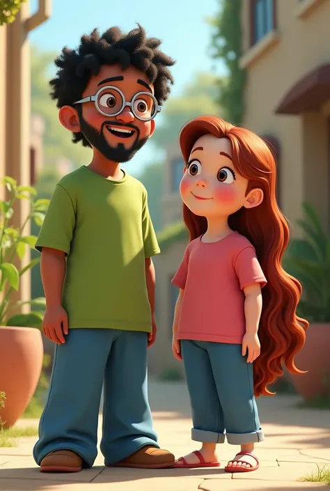 An animated image where a boy appears, black curly hair, with round silver lenses, not very thick beard, with an oversized lettuce green t-shirt, blue wide leg pants, Next to the boy there is a girl with a corpulent, robust, chubby body, without glasses, I...