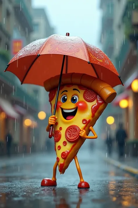 Part de pizza animé qui tient un parapluie et la pluie qui tombe le tout en 3d