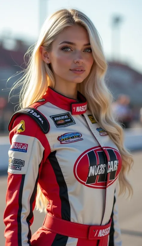 2 female influencer, white, Light blonde hair, long straight hair, perfect eyes, perfect face symmetry, perfect big breasts, delicate body, perfect hands, perfect legs, wearing a nascar racing driver uniform, scenario: race track