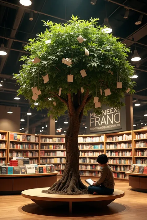 A small tree surrounded by a circular seat with a backrest, in the middle of a large bookstore with warm lighting, and a person sitting reading a book. In the background there is a dark blue wall with a large text that says "Mendoza Franco Bookstore" and m...