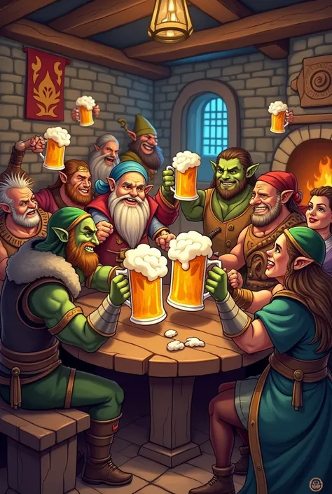 Cartoon, DND races, cheers beer, medieval tavern 