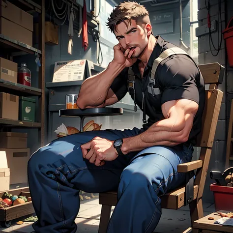 masterpiece, best quality, face, natural eyes,mature man, muscled and mature, stephen amell as a mechanic wearing uniform, mechanic, sweating, tight cloth,sitting on a chair,  open his mouth wide,  eating a a big sandwich, full body