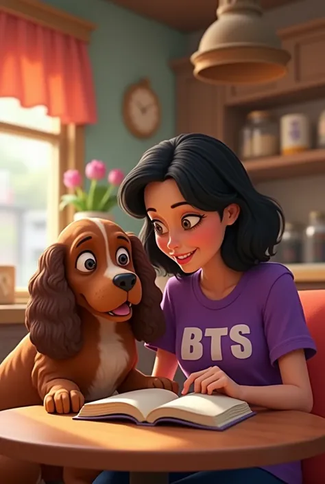 Pixar-like image of a woman with shoulder-length wavy black hair, Her shirt is purple and says BTS. with his dog Cafe Coocker. She reads a book. They both look happy
