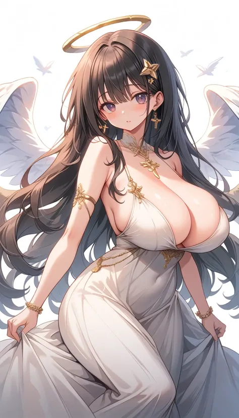 ((((masterpiece)))), ((((Best Quality)))), High resolution,4K,8k,whole body,fine grain,Detailed face,woman,Angel,Curvy,High resolution,dress,Long skirt, action、so beautiful、Beautiful Skin、Beautiful and detailed eyes、Huge breasts、