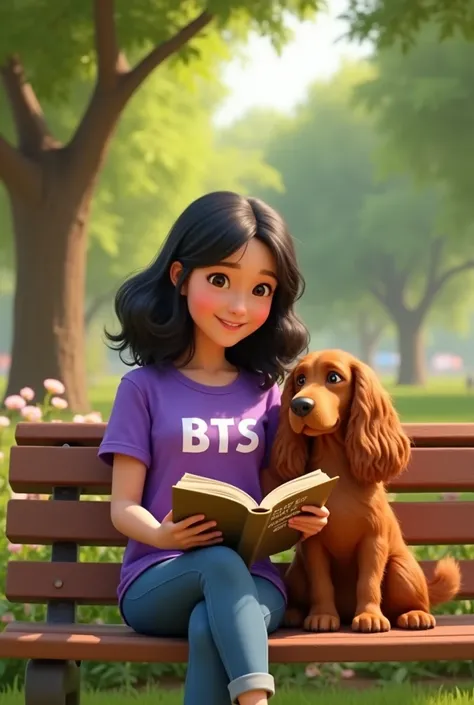 Pixar-like image of a woman with shoulder-length wavy black hair, Her shirt is purple and says BTS. with his medium-sized brown coocker dog. She reads a book. They both look happy
