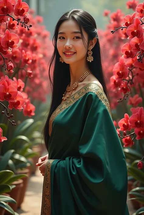 Photorealistic cinematic acrylic painting of an image from an Indian film of a beautiful Korean girl with smooth white skin, perfectly groomed face posing walking while smiling towards the camera with a greenish black gradation sari, satin embellished with...