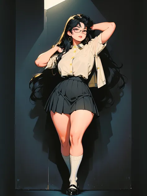 (best lighting), (best quality, masterpiece:1.2), illustration by hajime sorayama, perfect body, hyperfeminine curves, woman, (((very long black hair))), yellow eyes, glasses, curvy, high fashion, short socks, skirt, elegant, solo