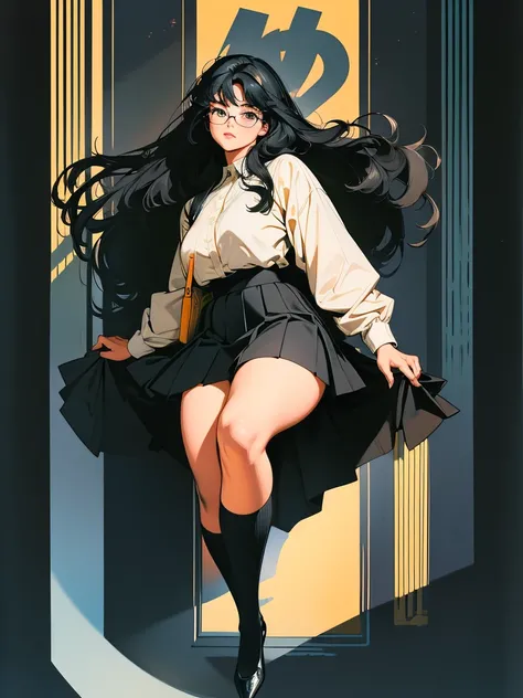 (best lighting), (best quality, masterpiece:1.2), illustration by hajime sorayama, perfect body, hyperfeminine curves, woman, (((very long black hair))), yellow eyes, glasses, curvy, high fashion, short socks, skirt, elegant, solo