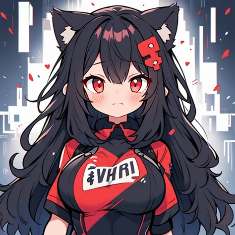 One girl, Second Dimension, Blushing, Black Hair, Red eyes, Hooded, High resolution, Large Breasts, Wolf Ears, Half-closed eyes, Hair covering one eye, 