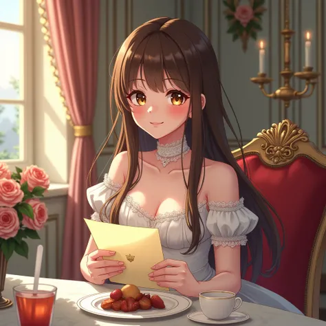 Medieval fantasy. A beautiful woman with straight brown hair and a slender body, dressed in a Victorian outfit, is sitting having breakfast in the dining room of a mansion and reading a letter with blushing cheeks and a loving smile. Anime style. Fantasy s...