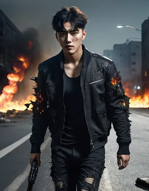 Handsome and cool young man from Korea, undercut hair, full of wounds. Wearing a black jacket, black pants, and boots. Walking on a damaged asphalt road on a dark night, and cars are burning on both sides of the road. A futuristic city damaged by war.Solo,...