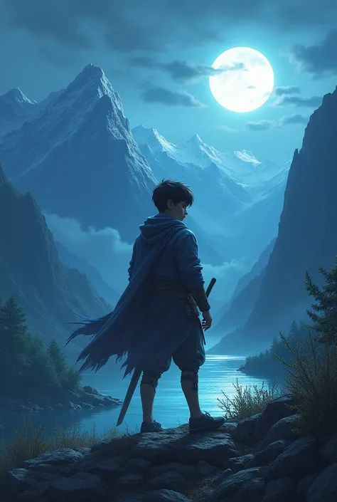 There will be a picture of a boy Enemy in front and 2 mountains behind with moonlight and a river
