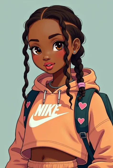 (Brown teenager), 1, brown eyes, (brown hair with cornrow braids), (hair tied back), medium hair, wearing a nike set, carrying a bag with hearts