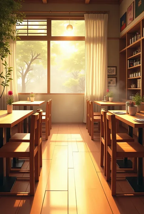 Bird&#39;s-eye view: Sunlight filtering through the trees on a sunny afternoon illuminating the interior of the cafe、Coffee steam flickers。Photo of Karimoku furniture decorating the store