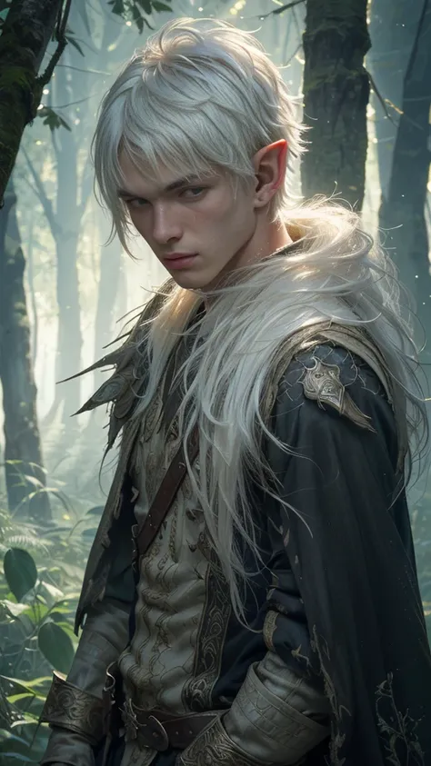 a young male elf with long (pointy ears:1.2). with (messy:1.4) very short (white hair:1.2). he is standing in the middle of a de...