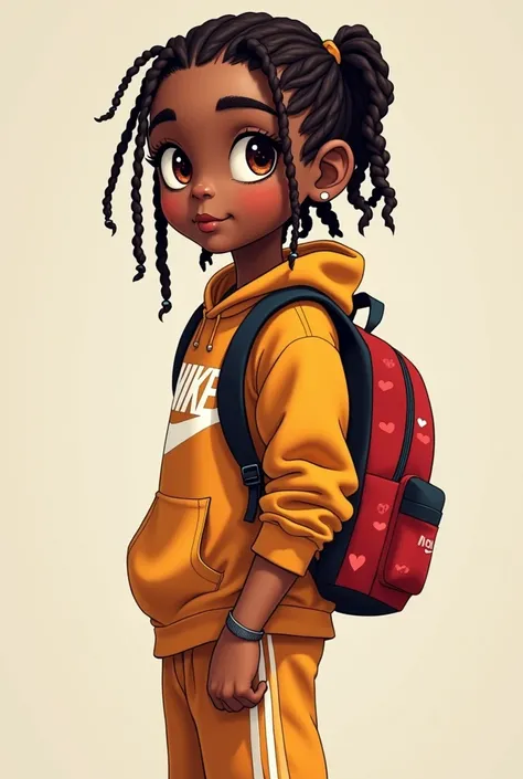 (brown boy teenager), 1, brown eyes, (brown hair with cornrow braids), (hair tied back), medium hair, wearing a nike set, carrying a bag with hearts