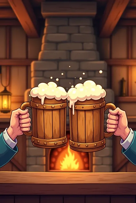 (cartoon) two arms cheer beer two wood cups in a medieval DND tavern 