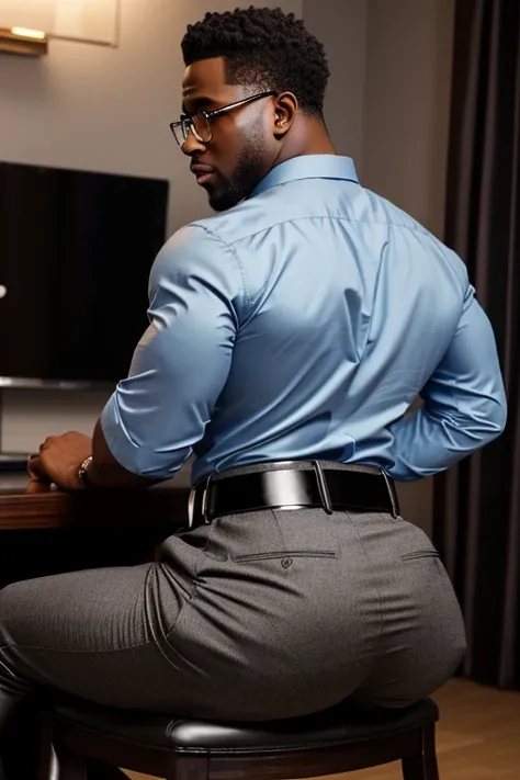 (Black boy with bubble butt in dress pants with belt), shirt, glasses, from behind, (bubble butt: 1.4), high detailed, extremely detailed, gorgeous, refined rendering, contour deepening, cinematic lighting, cinematic bloom, incredible shadows, detailed fac...