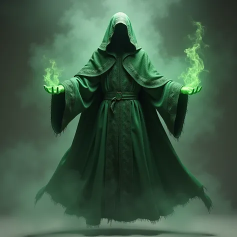 hyperrealistic, medieval, demonic fabric, empty mage robe piece, no hands no visage, a green aura emanates, front view. no character,