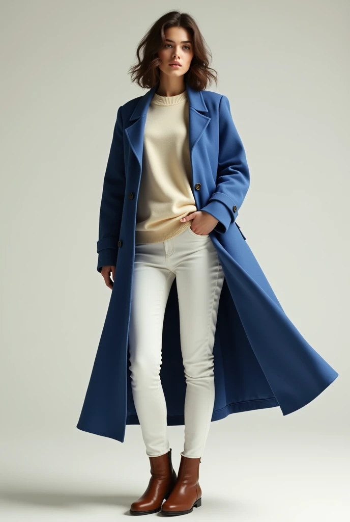 long blue jacket, with a cream-colored sweatshirt with a large neck, with white pants and brown boots