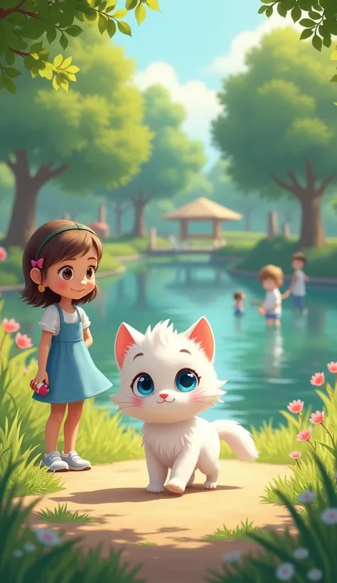 A cat named Luna with white fur and blue eyes, chibi design, walking in a park with a lake, surrounded by people, in the afternoon, there is a  girl named Ana, wearing a blue dress standing holding a, The girl holding the left hand 