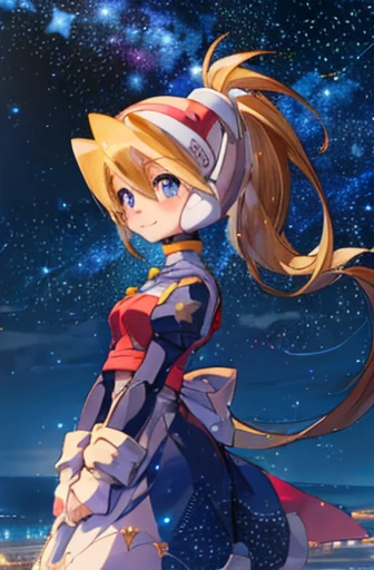 Sky_megaman, 1girl in, solo, length hair, blue eyess, blonde  hair, poneyTail, head gear, light smile, maid, stars (Sky),