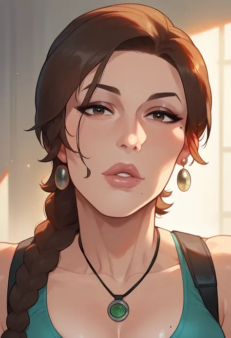 lara croft, (solo), square face, meolooking at viewer, 1 milf, brown hair, mother, beauty mark, sexy lips, close view.