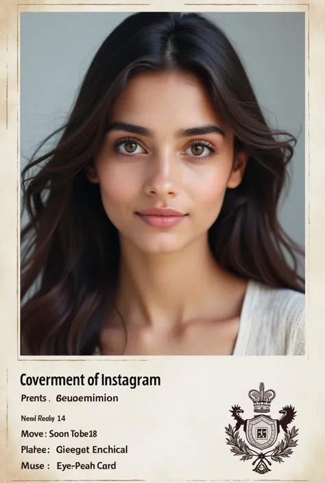 Generate an id card full length 
With heading or title as "Government of instagram" 
With a photo of beautiful lady and 
Mention below details in the Id card :
Name : Neha Reddy
Age: soon to be 18
Place : Hyderabad 