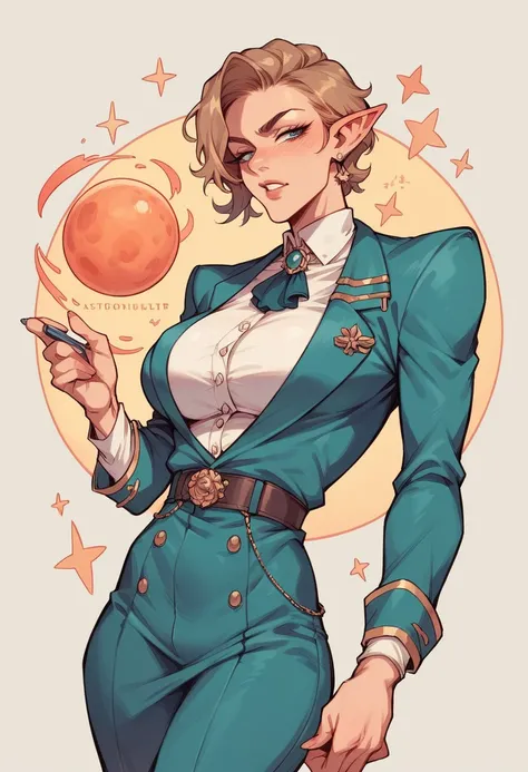 a humanoid woman, It has the appearance of outer space,  She has an hourglass figure with large breasts and waist., He wears masculine butler clothes that cling to his figure
