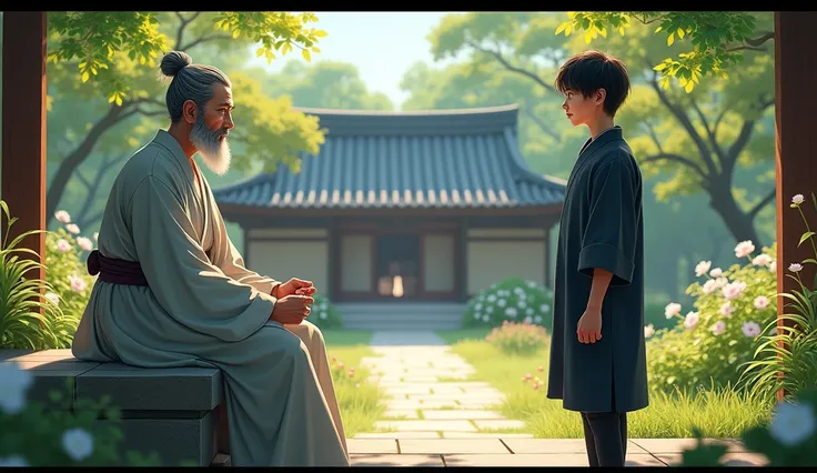 "Master Kenji, 70, with neatly tied grey and black hair and a short grey beard, turns his calm gaze toward Hiro, 24, who stands nearby. Kenji smiles warmly, his peaceful expression contrasting Hiros frustration. Kenji is seated on the stone bench in the te...