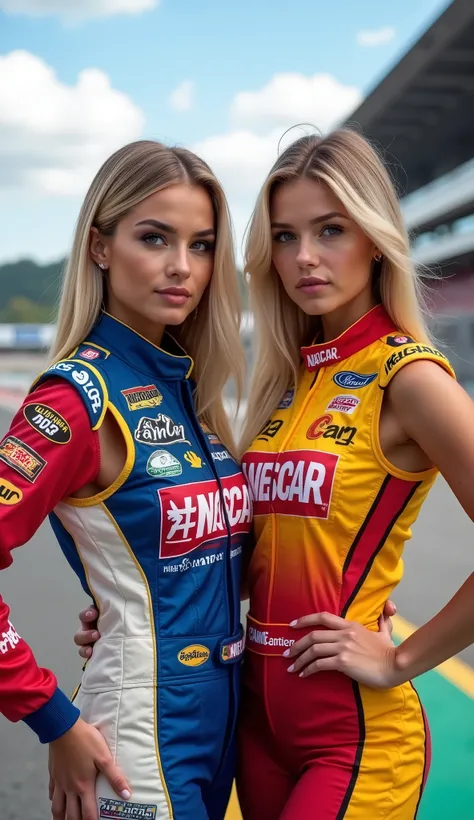 2 female influencer, white, Light blonde hair, long straight hair, perfect eyes, perfect face symmetry, perfect big breasts, delicate body, perfect hands, perfect legs, wearing a nascar racing driver uniform in Brazil, scenario: race track